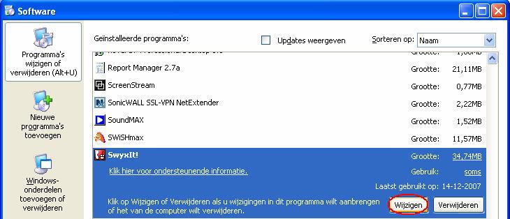 Open Software en selecteer in de lijst SwyxIT! - U klikt hier op Wijzigen. SwyxIT! zal de installatie wizard opstarten en u kiest hier voor Volgende.