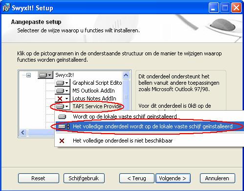 U kiest hier voor de optie Het volledige onderdeel wordt op de lokale vaste schijf geïnstalleerd en u klikt op Volgende. - U heeft nu de keuze om de CTI-instelling van Swyx te wijzigen.