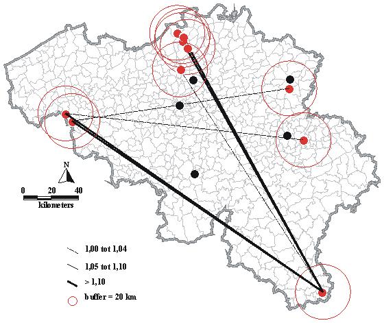 - 22 - Verder werden een aantal scenario s uitgewerkt die weergeven wat gebeurt met de concurrentiepositie van het intermodaal vervoer indien de prijs van het wegvervoer en het spoorvervoer per