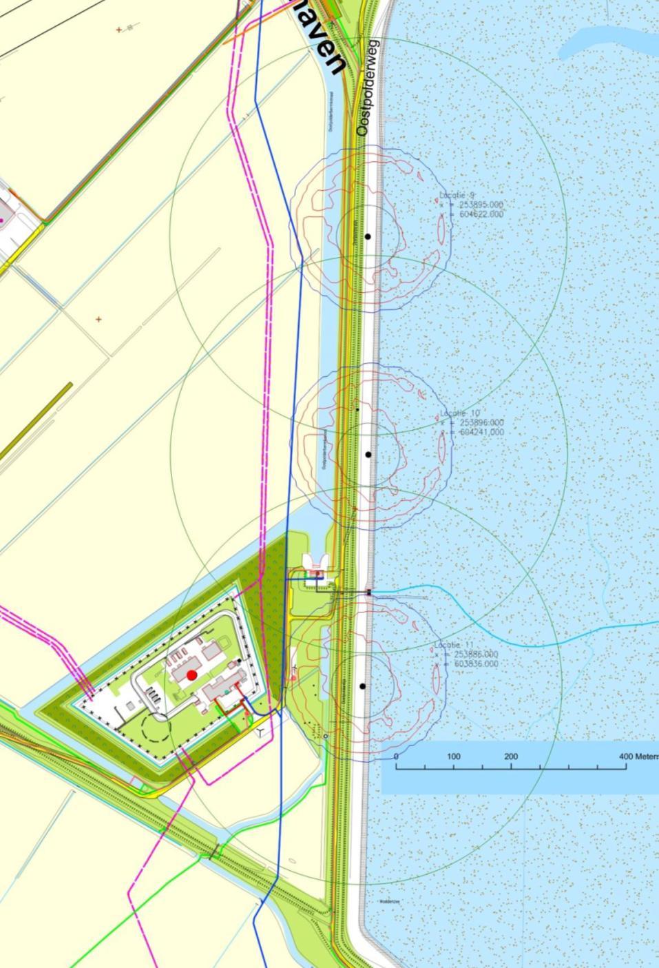 Milieueffecten koppelprojecten Invloedsgebied De buitenste cirkels rondom de locaties geven het invloedsgebied weer van de windturbines op de omgeving.