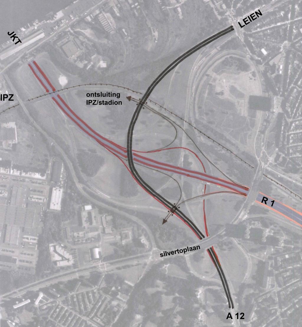 Figuur : Concept tot heraanleg van de Spaghettiknoop (bron: BAM/SAM) In dit concept wordt de bestaande knoop, die destijds gedimensioneerd werd als uitwisselingscomplex tussen snelwegen, nu bekeken