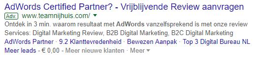 Het telefoonnummer verschijnt hierdoor niet onder de advertentie. Website-informatie De campagnes van Bedrijf X bevatten geen extensies voor website-informatie.