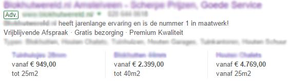 Door de prijsextensies kan je de prijzen van de verschillende prodcuten in je webshop laten weergeven in je advertentie.