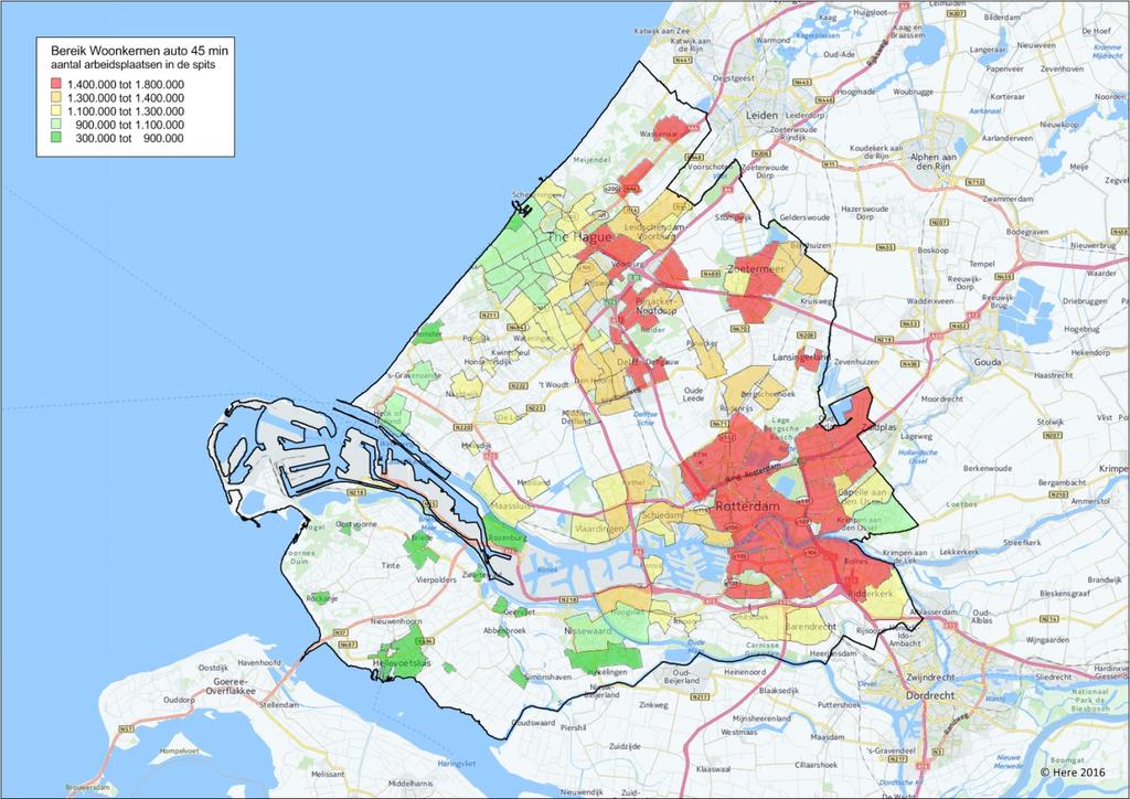 Bij de auto is het aantal arbeidsplaatsen dat vanuit een woonwijk bereikt kan worden binnen 45 min. in de spits het hoogst in Rotterdam, Den Haag Centrum, Zoetermeer en Wassenaar.