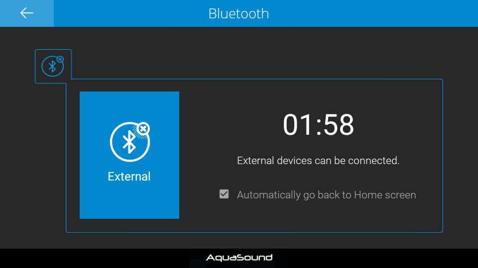 Externe Bluetooth verbindingen toestaan: Bluetooth scherm Via de Bluetooth knop op het hoofdscherm kunt u externe apparaten de mogelijkheid geven te koppelen met het N-Joy Music systeem, dit zal het