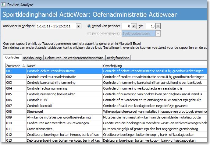 Davilex Analyse 10.3 Rapporten genereren met Davilex Analyse Alle beschikbare analyses zijn overzichtelijk ingedeeld in rapportgroepen.