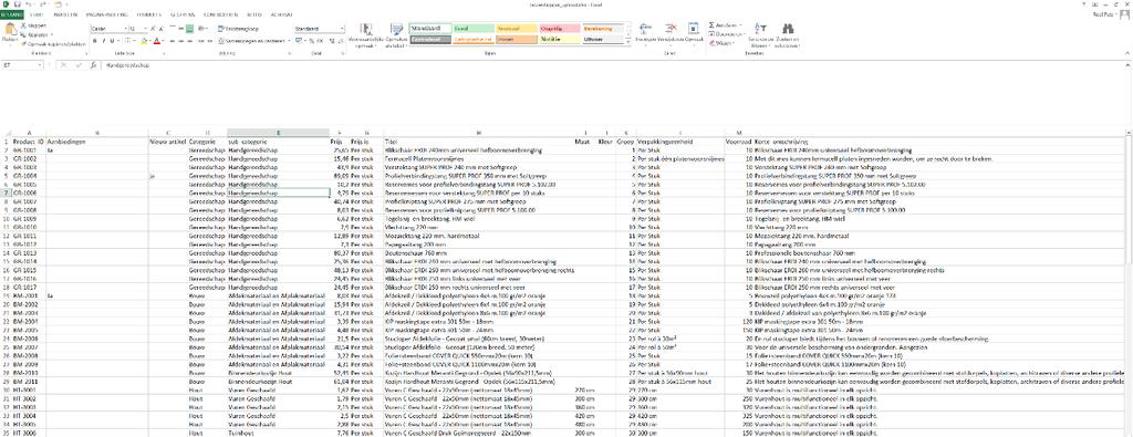 De Excel-lijst aanpassen Onderstaand zie je de Excel-lijst geopend. De lijst is niets meer dan een verzameling gegevens van de verschillende producten die nu actief zijn in je webshop.