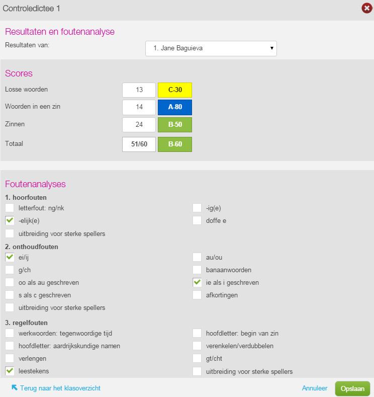 Hoe vul je de foutenanalyse aan? Na een controledictee geef je niet alleen de behaalde scores in, je duidt ook de gemaakte fouten aan.