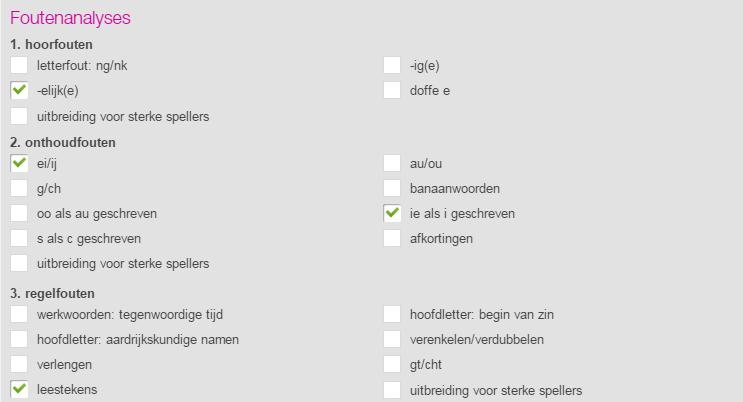 Duid per leerling aan welke fouten hij of zij gemaakt heeft. Let wel: in hetzelfde woord kunnen verschillende fouten staan (bv.