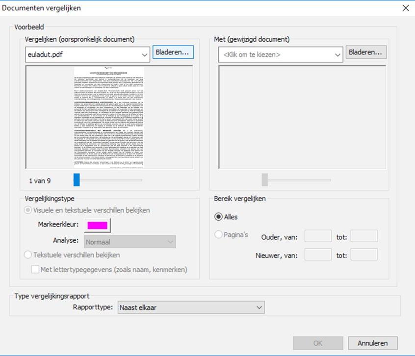 22 Het venster Documenten vergelijken wordt geopend. Geef nu het document op waarmee u het originele document wilt vergelijken.