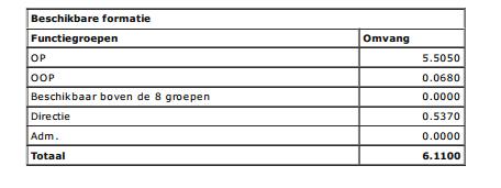 4.5.3: Formatie Bij de formatie worden vier functiegroepen onderscheiden: onderwijzend personeel (OP), onderwijs ondersteunend personeel (OOP) (b.v. onderwijsassistenten), directie en administratie/conciërge.