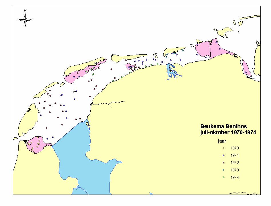 Figuur 36. Locaties in de Nederlandse Waddenzee die door Jan Beukema (NIOZ) begin jaren 70 werden bemonsterd op macrobenthos.