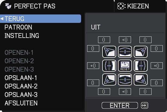 Vervorming corrigeren (vervolg) PERFECT PAS: Als PERFECT PAS staat ingesteld, wordt de PERFECT PAS getoond door de of ENTER knop te drukken.