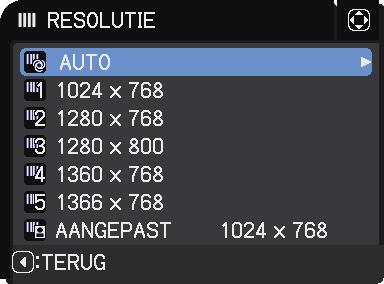 INPUT menu Onderdeel RESOLUTIE Beschrijving De resolutie voor het COMPUTER IN-ingangssignaal kan worden ingesteld op deze projector. (1) Selecteer in het INPUT menu de RESOLUTIE d.m.v. de / knoppen en druk op de knop.