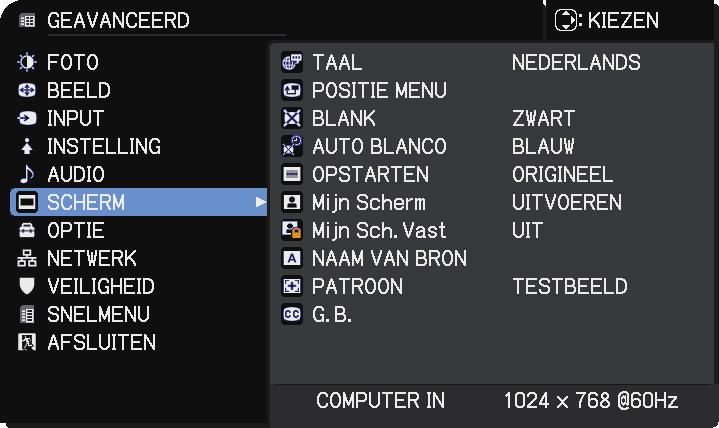 SCHERM menu SCHERM menu Selecteer een onderdeel met de cursorknoppen / en druk op de cursorknop of op de ENTER-knop om het onderdeel uit te voeren. Voer vervolgens uit volgens de onderstaande tabel.
