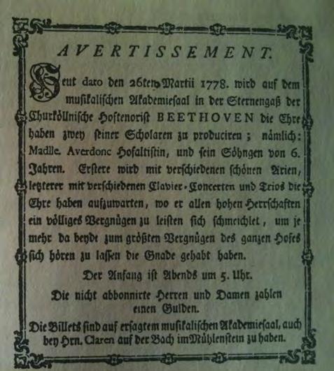 Advertentie in Keulse krant 26 maart 1778, aankondiging eerste openbare optreden Beethoven (zeven jaar oud) verblijf in Wenen diende ter lering voor zijn werk in Bonn.