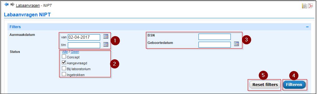 3. Filteren overzicht labaanvragen NIPT In voorgaand hoofdstuk is beschreven hoe een overzicht van de labaanvragen NIPT, met een bepaalde status, kan worden opgevraagd.