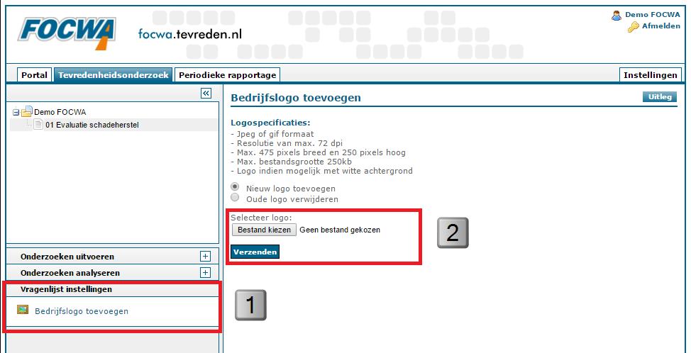 Bedrijfslogo toevoegen Het is mogelijk om uw eigen bedrijfslogo weer te laten geven op de uitnodigende e-mail. 1. Ga naar Vragenlijst instellingen en klik op Bedrijfslogo toevoegen 2.