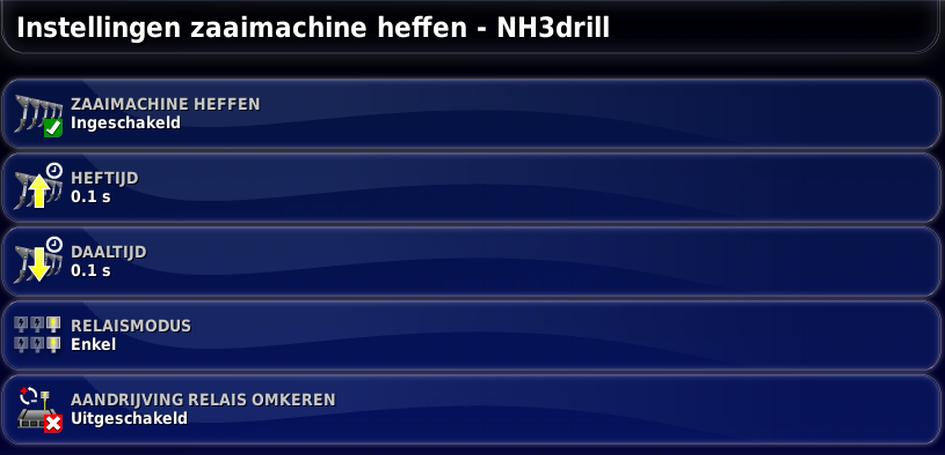 3.7. Zaaimachine heffen instellen 3.7. Zaaimachine heffen instellen Opmerking: Deze optie is alleen van toepassing bij een NH3- injector met een zaaimachineregeling. 1.