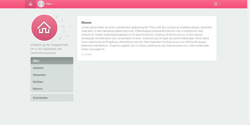 Dashboard Na het inloggen, komt de verzorger op de startpagina van het ouderportaal, het dashboard. Hier worden updates, absenties, notities, nieuws en de activiteiten getoond.