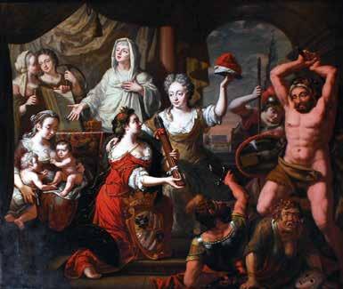 De grootste blikvanger in de Statenzaal is de schoorsteenmantel met daarin het schilderij Religie en Vrijheid van Hermannus Collenius (1650-1723).