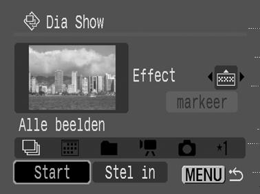 3 Selecteer [Start] en druk op. De volgende functies zijn beschikbaar tijdens een diashow. - De diashow onderbreken/ hervatten: druk op FUNC./SET.