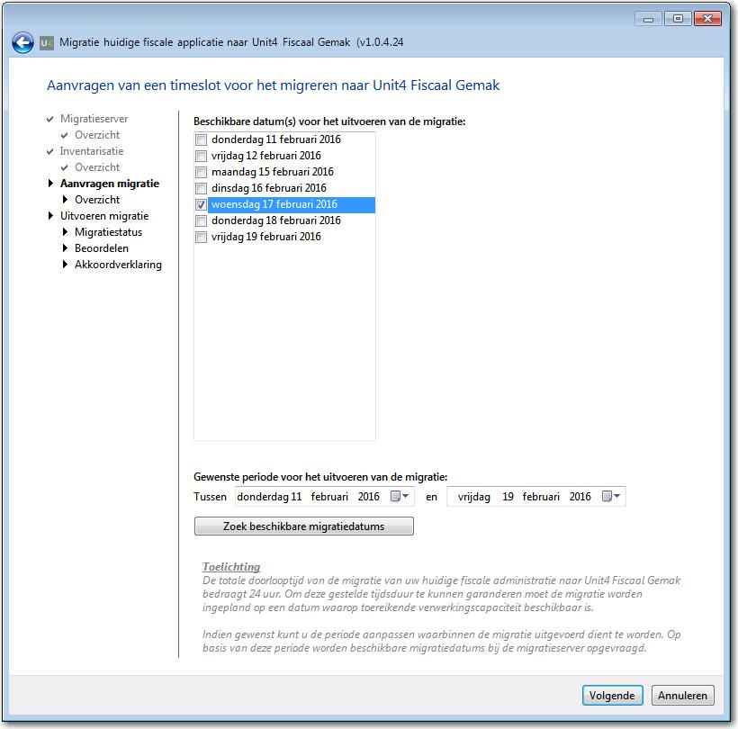 In het venster worden door de wizard al een aantal datums voorgesteld. Via Gewenste periode voor het uitvoeren van de migratie en de knop kunt u een andere datum kiezen.