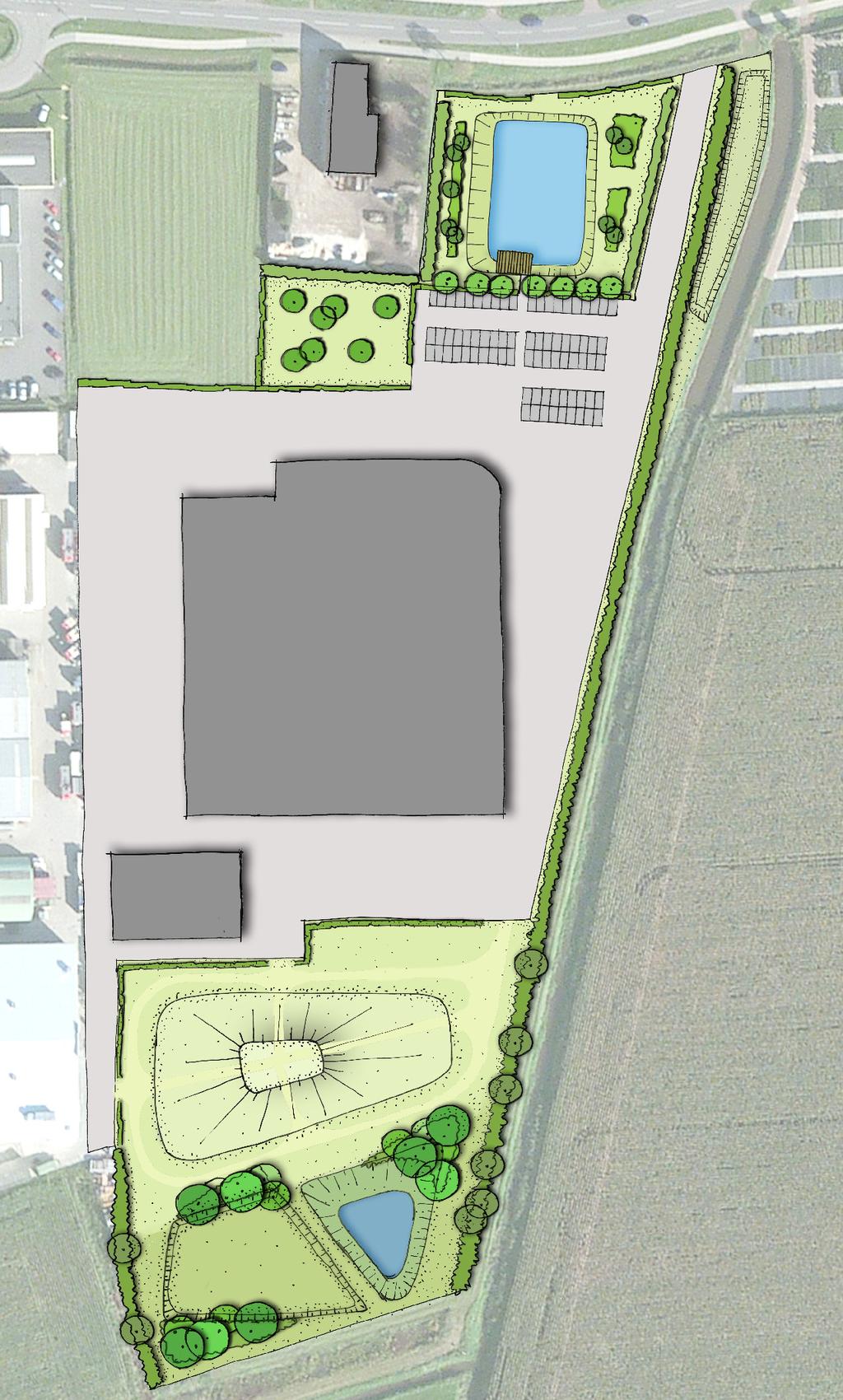 boomgroep met heesters als onderbeplanting 16,7 wadi: opp. 1500m², 450m³ waterberging bij 0.