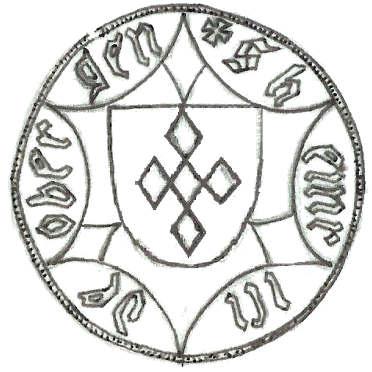 Zegel van Hendrik van den Obbergen, leenman van onser gheminder Vrouwe van Grymberghe (Maria van Vianden) charter 14 maart 1366 familiearchief de Merode LA 114 + S heinrici de Obergen 4 II.