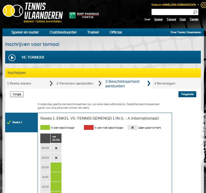 Indien je nog niet bent ingelogd op de site van Tennis Vlaanderen, word je lidnummer en wachtwoord gevraagd (zie stap 2). In de volgende stap moet je de reeks kiezen.