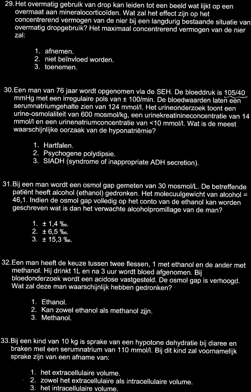 Het urineonderzoek toont een urine-osmolaliteit van 600 mosmol/kg, een urinekreatinineconcentratie van 14 mmol/1 en een urinenatriumconcentratie van <10 mmol/l.