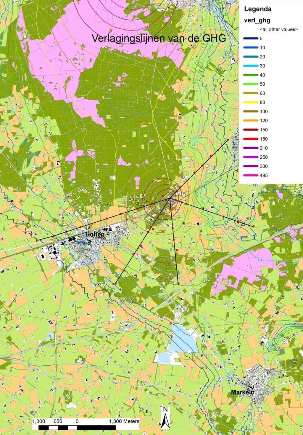 Afbeelding 18 Berekende verlaging van de GHG (cm), in het ondiepe freatische pakket in het