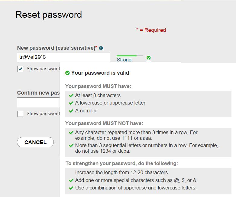 Nadat uw beveiligingscode of uw beveiligingsantwoorden zijn geverifieerd, wordt u gevraagd om uw nieuwe wachtwoord in te voeren en te bevestigen.
