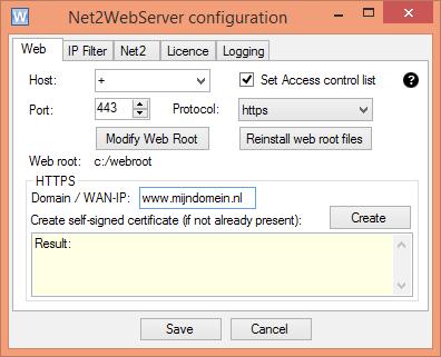 Doorloop daarvoor de volgende stappen: Selecteer de tab Web van de Net2WebServer manager. Selecteer bij de optie protocol: HTTPS. Het port nummer zal nu automatisch naar 443 verspringen.
