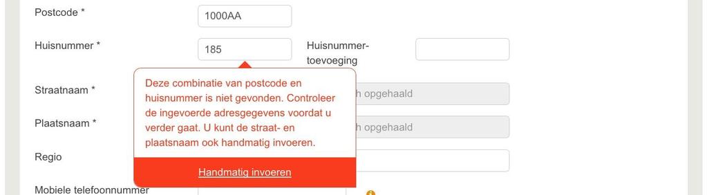 iii. Afhaaladres handmatig invoeren 1) Klik op de knop om handmatig een adres in te voeren. Een invoerscherm verschijnt automatisch. 2) Vul de naam- en adresgegevens in het invoerscherm in.