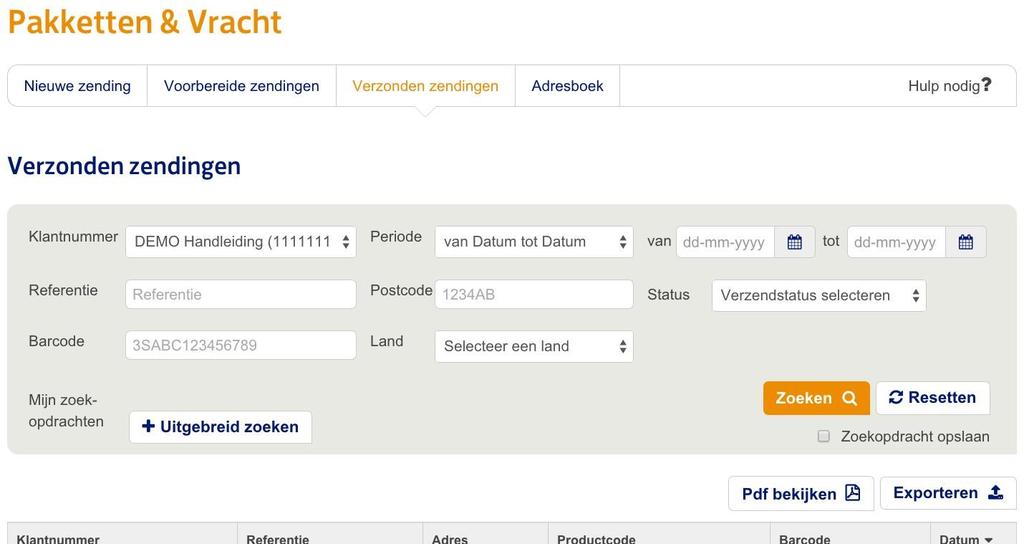 ii. Klik voor een export van alle zendingen en afhaalopdrachten op de knop voor een pdf-export of op de knop voor een xls-expo rt.