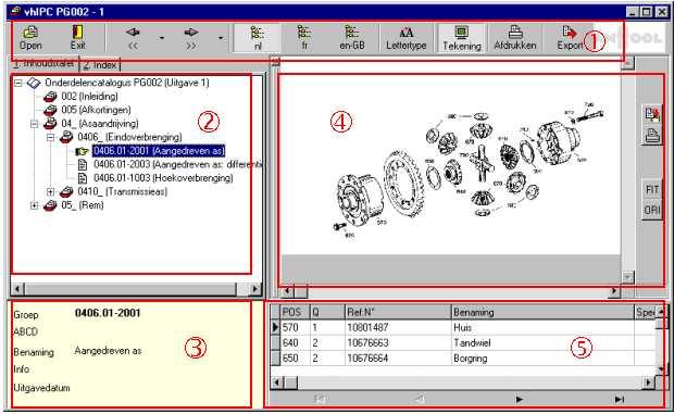 vhipc toepassing Hoofdscherm Schermindeling: 1 : knoppen-paneel 2 : inhoudstafel- / index-paneel 3 : info-paneel dat de eigenschappen van het geselecteerde item in de inhoudstafel