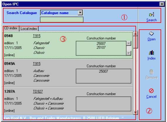 Schermindeling: 1 : zoek-paneel 2 : knoppen-paneel 3 : index-paneel Het index-paneel toont de aanwezige onderdelenboeken op de CD. Het geselecteerde onderdelenboek is opgelicht (lichtgroen).