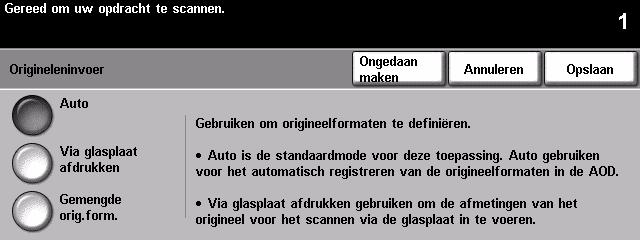 Origineleninvoer Deze optie gebruiken om het formaat van de originelen die worden gescand te programmeren of om het apparaat het formaat van de originelen te laten herkennen.