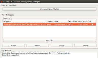 using PostGIS Shapefile import/export Manger plugin is: $ shp2pgsql-gui Open Graphical User Interface