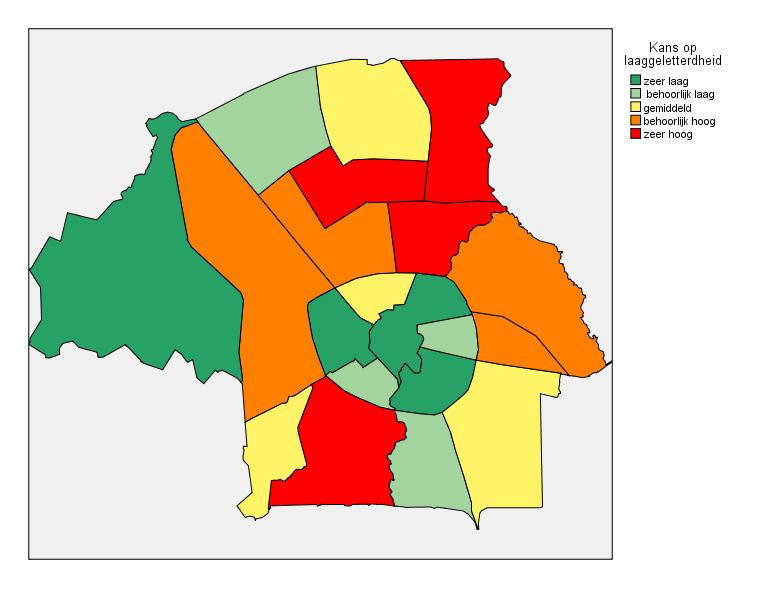 2.2 Laaggeletterdheid In de figuur hieronder is in één oogopslag te zien in welke mate er laaggeletterden in de verschillende wijken van Eindhoven wonen. Figuur 2.2.1 De kans op laaggeletterde inwoners, per wijk Tabel 2.