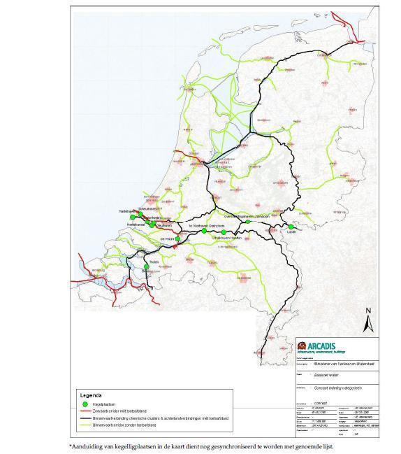 2. Categorie binnenvaart zonder frequent vervoer (groen in figuur 2): hier vindt weinig of geen vervoer van brandbare plaats zoals de Randmeren en Hoge en Lage Vaart (overige vaarwegen met