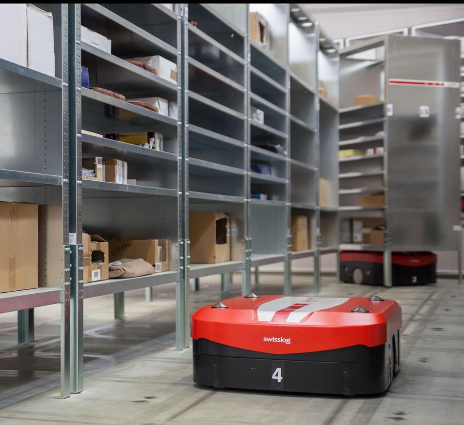 Assited orderpicking proces Mobiele robots transporteren een rek vanuit opslag naar een pick station Goods to man