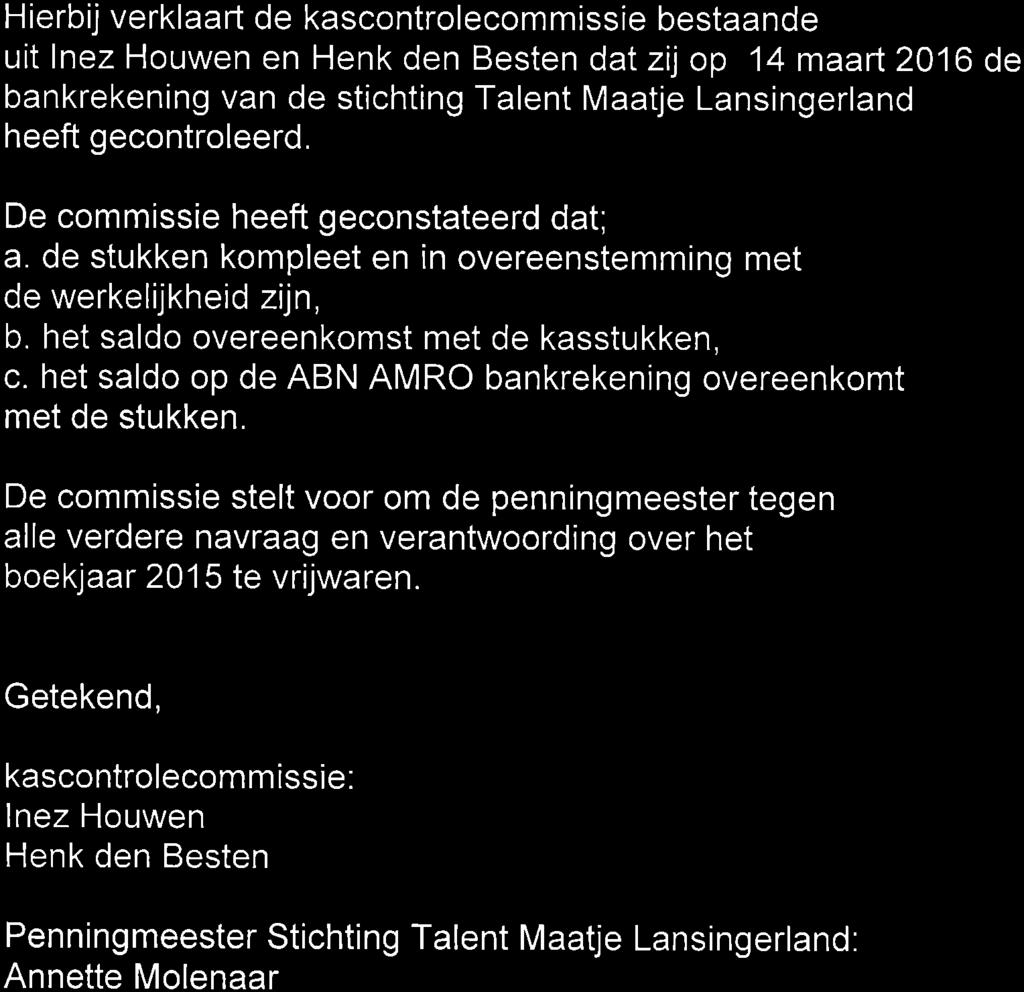 Hierbij verklaaft de kascontrolecommissie bestaande uit lnez Houwen en Henk den Besten dat zilop 14 maarl 20'16 de bankrekening van de stichting Talent Maatje Lansingerland heeft gecontroleerd.