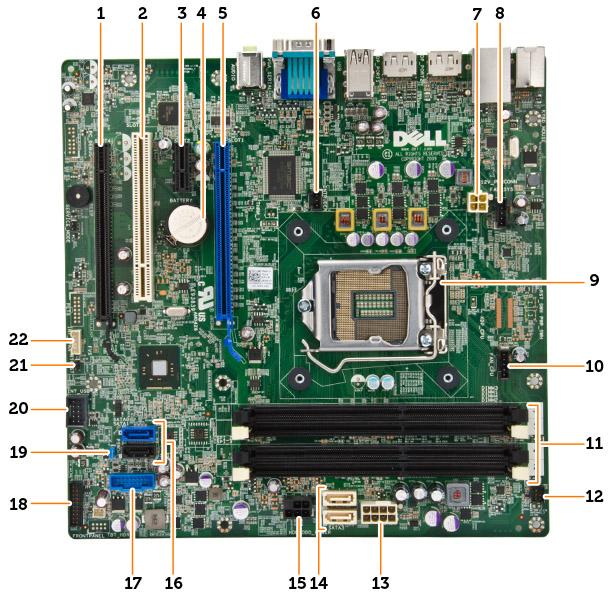 1. PCI Express x16-sleuf (bekabeld als x4) 2. PCI-slot 3. PCIe x1-sleuf 4. knoopbatterij 5. PCI Express x16-sleuf 6. Connector voor inbraakschakelaar 7. 4 pins CPU stroomconnector 8.
