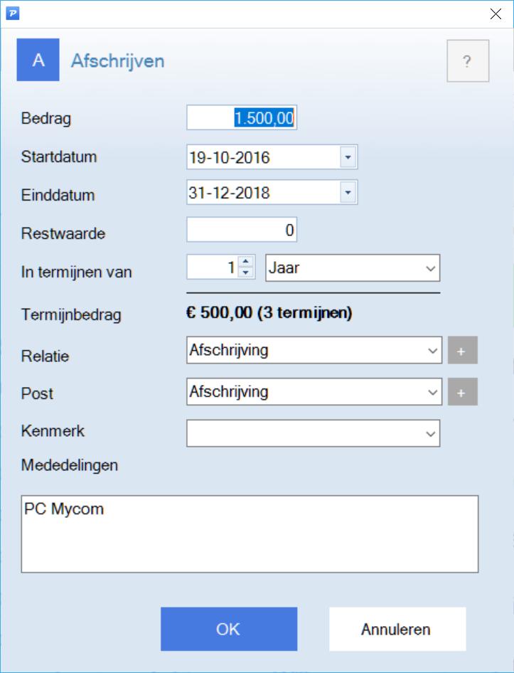 Geef in bovenstaand scherm het afschrijfschema van de PC. In dit geval in 3 * 500 per jaar.