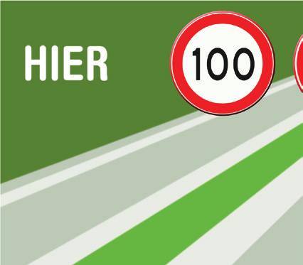 Dit is een 100 km-weg met dubbele onderbroken asstrepen, doorgetrokken kantstrepen en een groene vulling tussen de asstrepen.