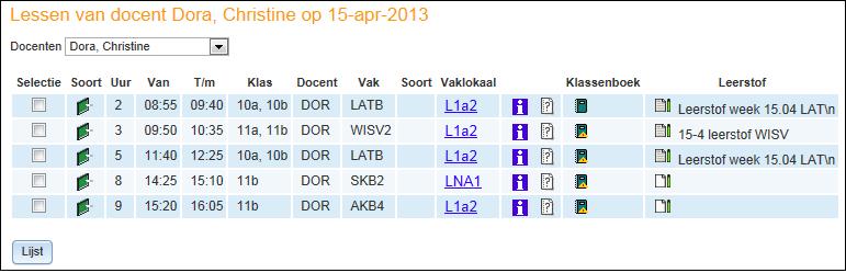 WebUntis Klassenboek 32 Met een klik op lesuur in de roosterweergave. Via Les Dagonderwijs klassen respectievelijk docenten Via Les Mijn lessen, gevolgd door een klik op de icoon <Lestijden>.