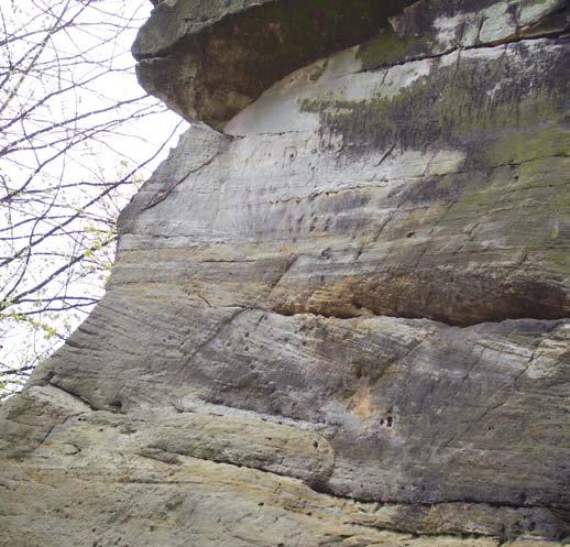 Geologisch kaartje van het gebied Gildehaus Bad Bentheim, met daarop aangegeven de voornaamste ontsluitingen: 1 de groeve in de Romberg, 2 Funkenstiege, 3 Slot Bentheim, 4 parkeerplaats bij Am