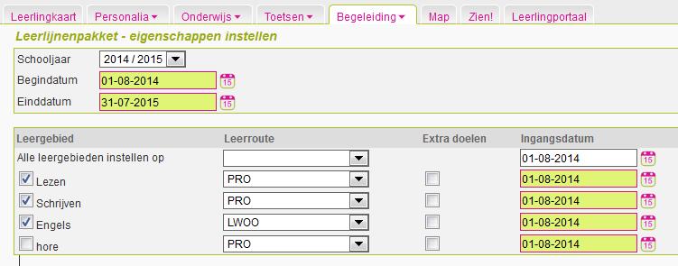 Klik vervolgens in het veld Leerroute waar nu nog Kies leerroute LWOO. Kies bij de ingangsdatum 15-1-2011. staat, zodat deze uitklapt.